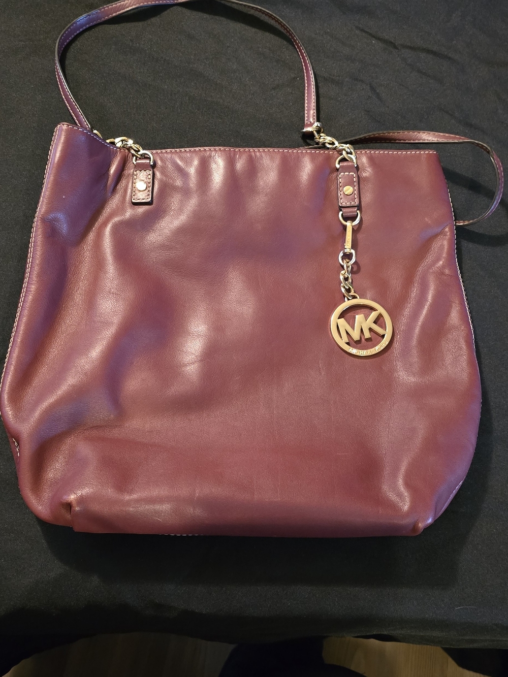 Michael Kors Burgundy Leather Shoulder Bag with Gold MK Charm